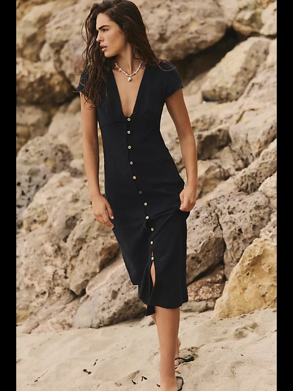 Black Button-Front V-Neck Midi Dress